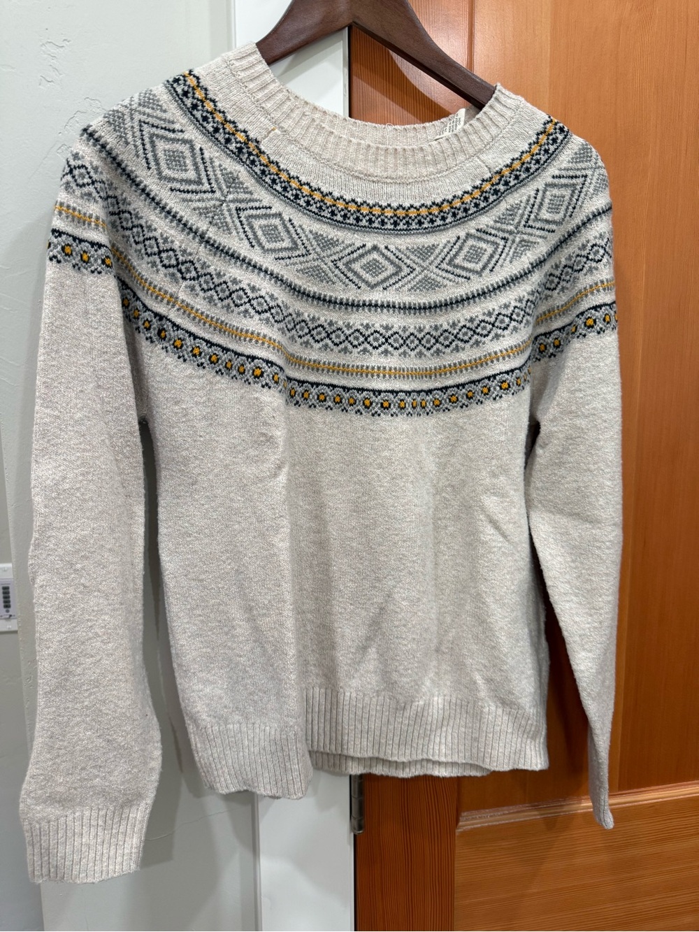 Weatherproof Cream Fair Isle Crewneck Sweater with Gray & Yellow Accents